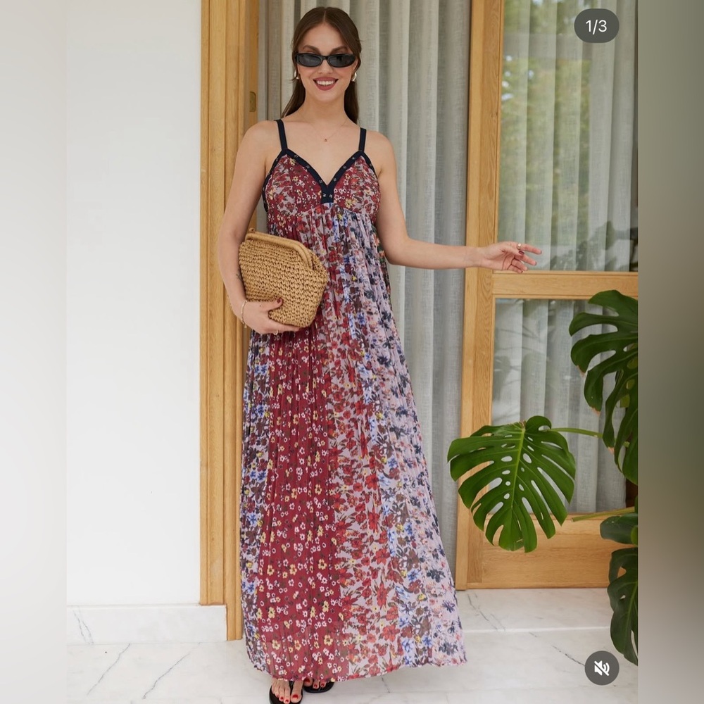 Zara Burgundy Floral Maxi Dress with Navy Trim